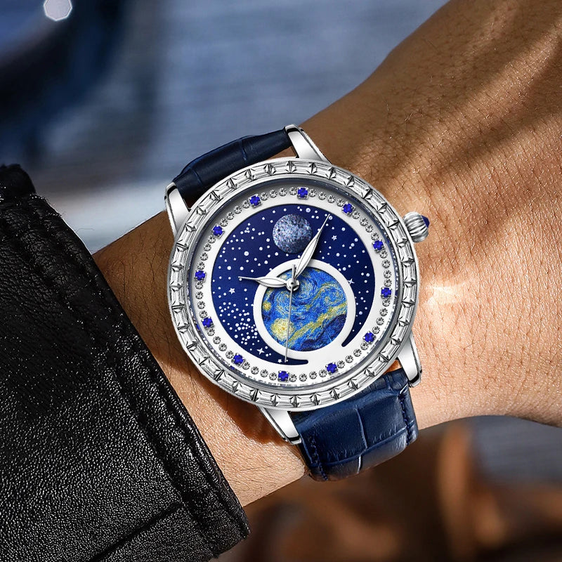 Luxury men's quartz watch, waterproof luminous oil painting starry sky dial, multifunctional watch