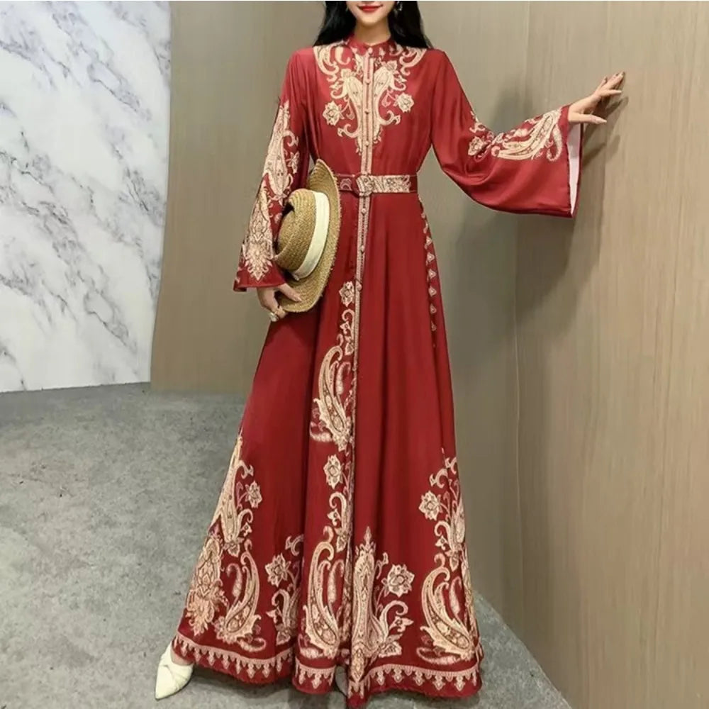 Eid Muslim Party Dress for Women Print Flare Sleeve Ramadan Abaya Belt Morocco Kaftan Vestidos Largos Dubai Robe Jalabiya 2026