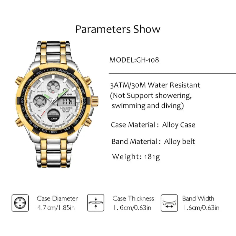 GOLDEN HOUR Luxury Men's Sport Stainless Steel Waterproof Dual Display Analog Digital Quartz Wristwatches Relogio Masculino