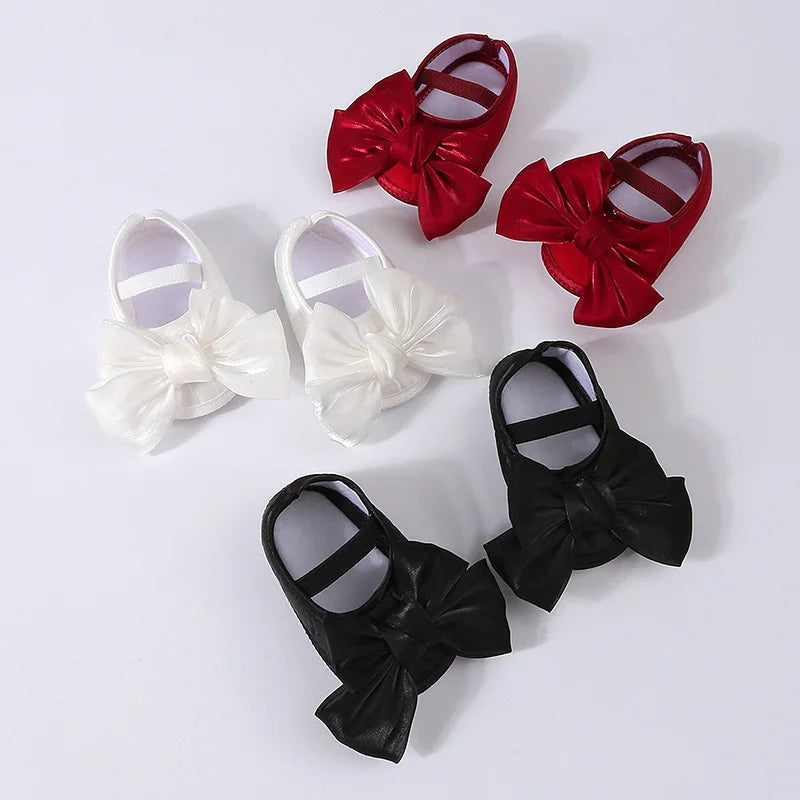 Baby Girls Baptism Shoes and Headband Shiny Bowknot Mary Jane Flats and Hairband Set 0-12M