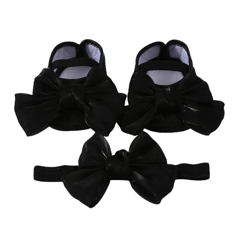 Baby Girls Baptism Shoes and Headband Shiny Bowknot Mary Jane Flats and Hairband Set 0-12M