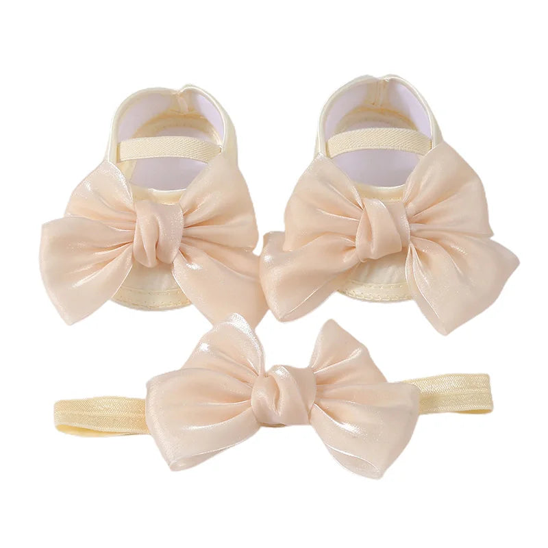 Baby Girls Baptism Shoes and Headband Shiny Bowknot Mary Jane Flats and Hairband Set 0-12M