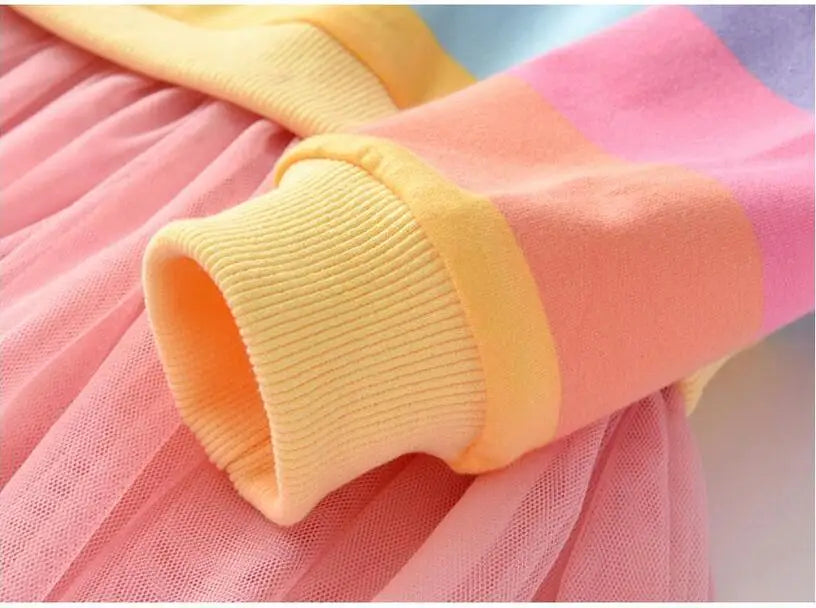 Baby Girls Dress Princess Autumn Sweater Fleece Gauze Tutu Dresses Children Clothing Long Sleeve Rainbow Stripes Dress For Girls