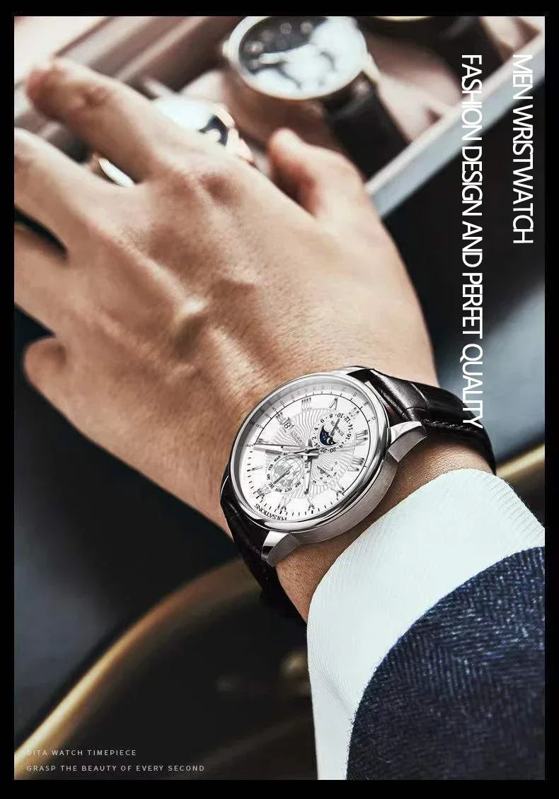 Luxury Brand Watch for Men Trendy High End Light Versatile Quartz Watch Leather Strap Fake Three Eye Fashion Business Wristwatch