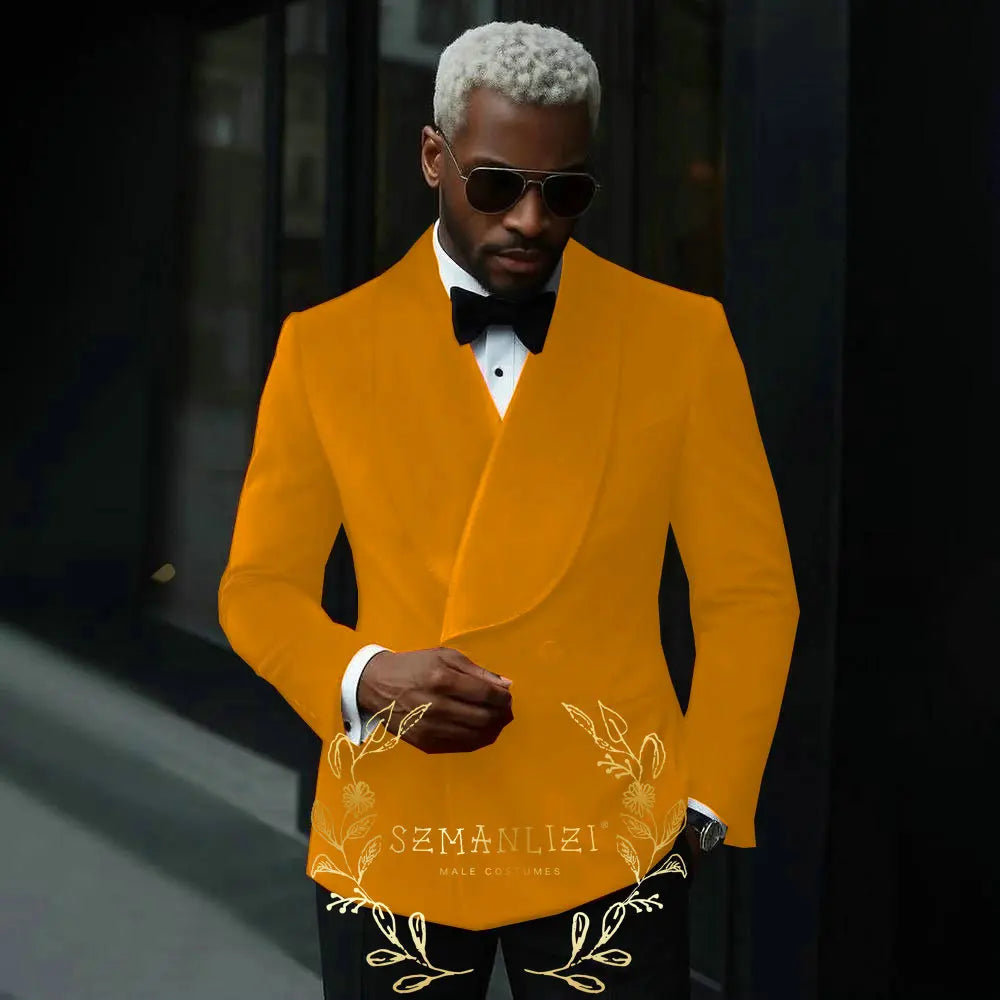 Luxury Grey Velvet Suits Men 2 Pieces Sets Double Breasted Groom Blazers Customized Man Banquet Wedding Tuxedos Male Clothing