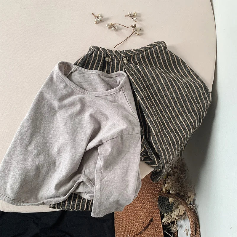 Kids Retro Striped Cotton Linen Pants – Comfortable Loose Fit Summer Trousers