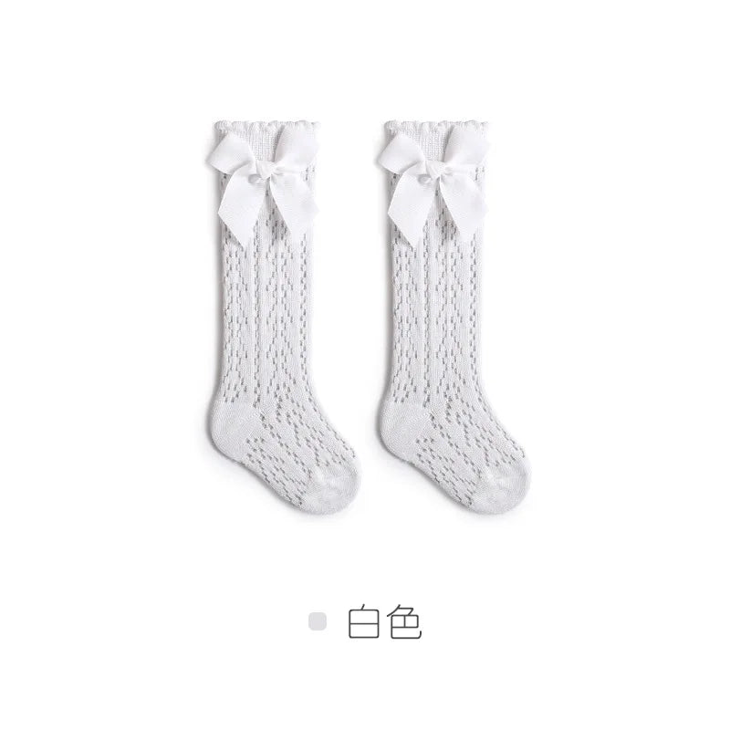 Baby Knee High Socks Kids Girls Boys Bow Long Sock Soft Cotton Mesh Breathable Children Hollow Out Socken for 0-3 Years Old