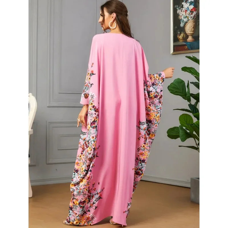 Eid Muslim Party Dress for Women Ramadan Abaya Bat Sleeve Print Long Robe Morocco Kaftan Vestidos Largos Dubai Jalabiya 2025