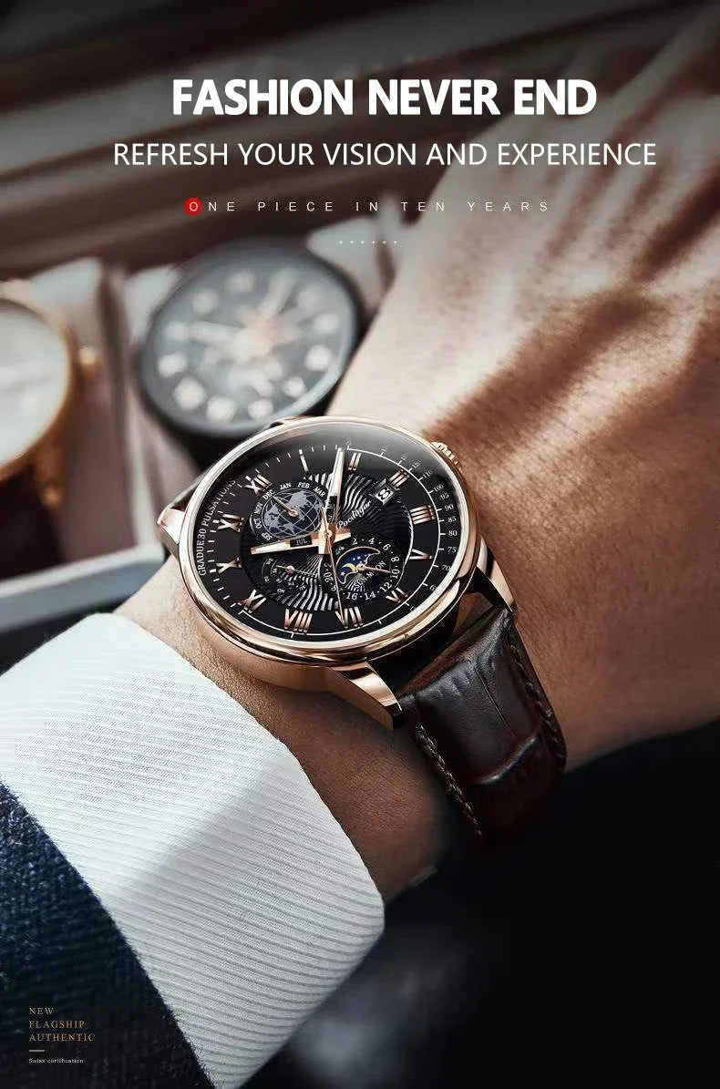 Luxury Brand Watch for Men Trendy High End Light Versatile Quartz Watch Leather Strap Fake Three Eye Fashion Business Wristwatch