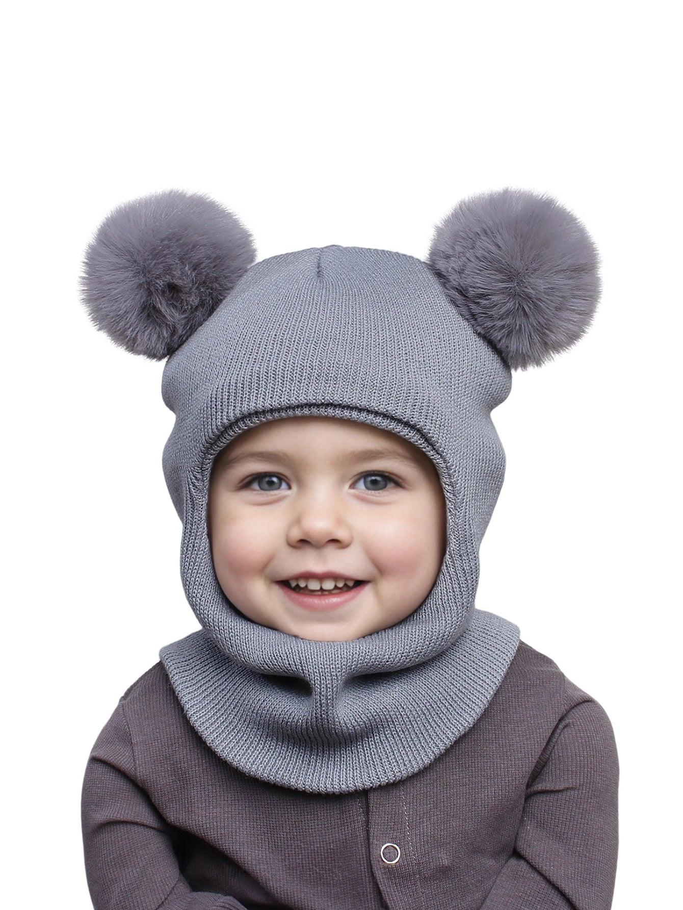 3-12Y autumn and winter double-ball pullover cap, children's double-ball ear-protecting one-piece cap, solid-color cute woolen o