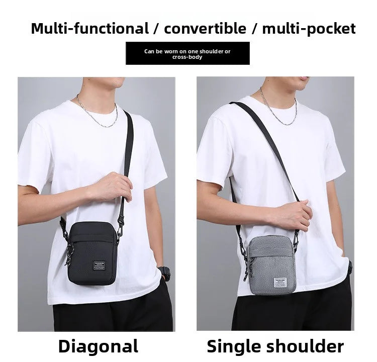 Men's bag, available in single shoulder or cross-body design, suitable for daily use during school. Made of nylon material.
