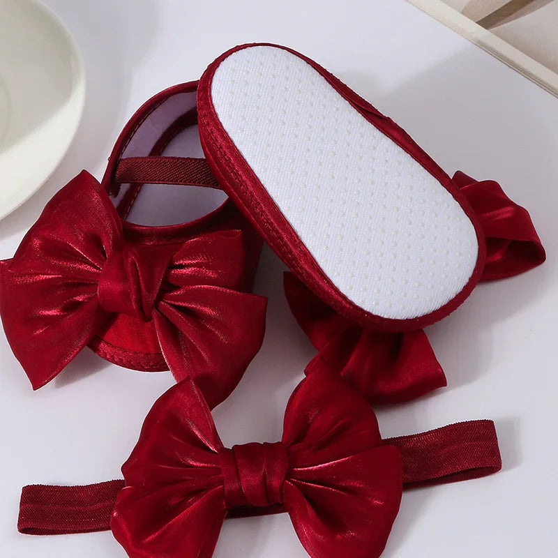 Baby Girls Baptism Shoes and Headband Shiny Bowknot Mary Jane Flats and Hairband Set 0-12M
