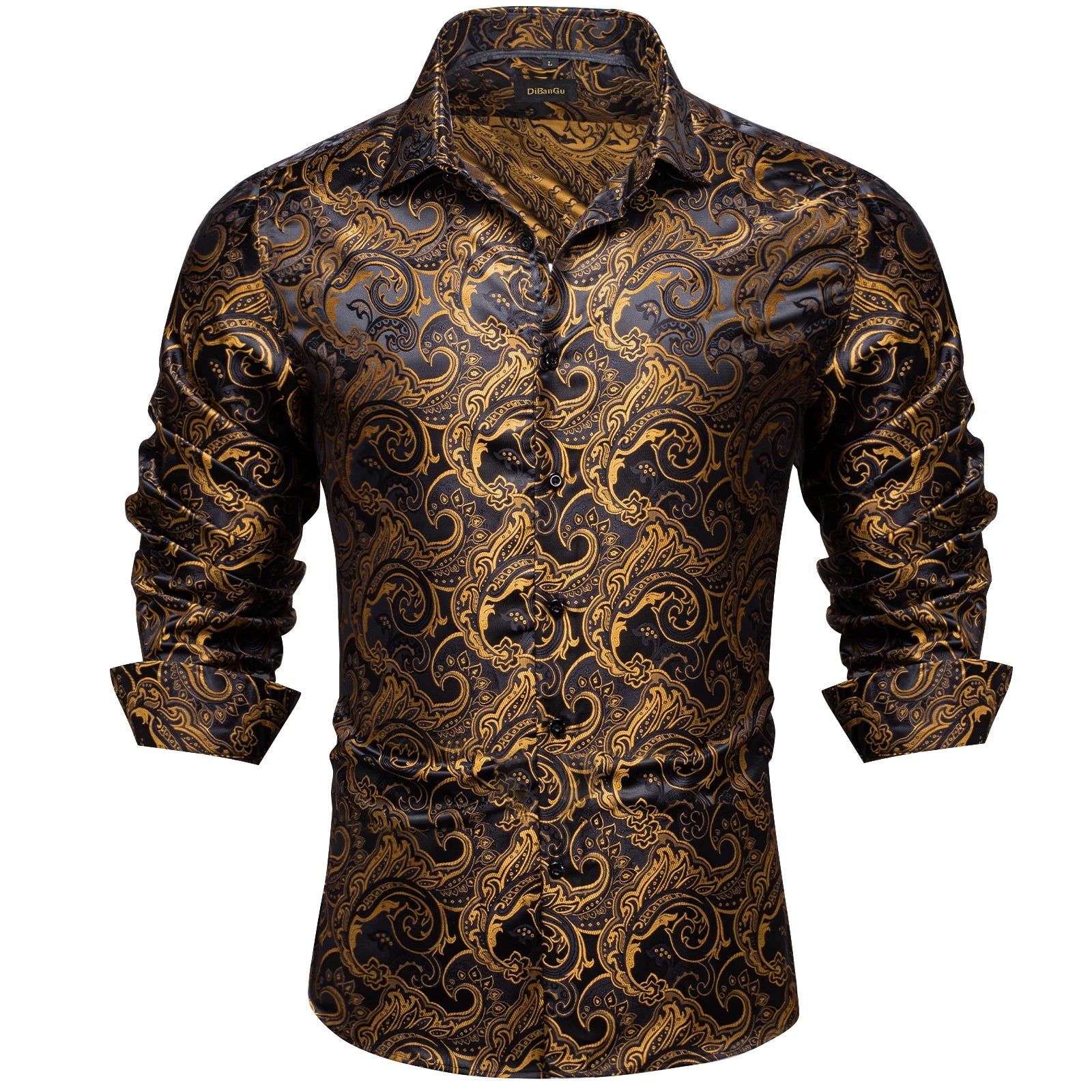 Luxury Men Dress Shirt Formal Prom Tuxedo Long Sleeve Polyester Golden Color Paisley Black Shirts Blouse Men Clothing