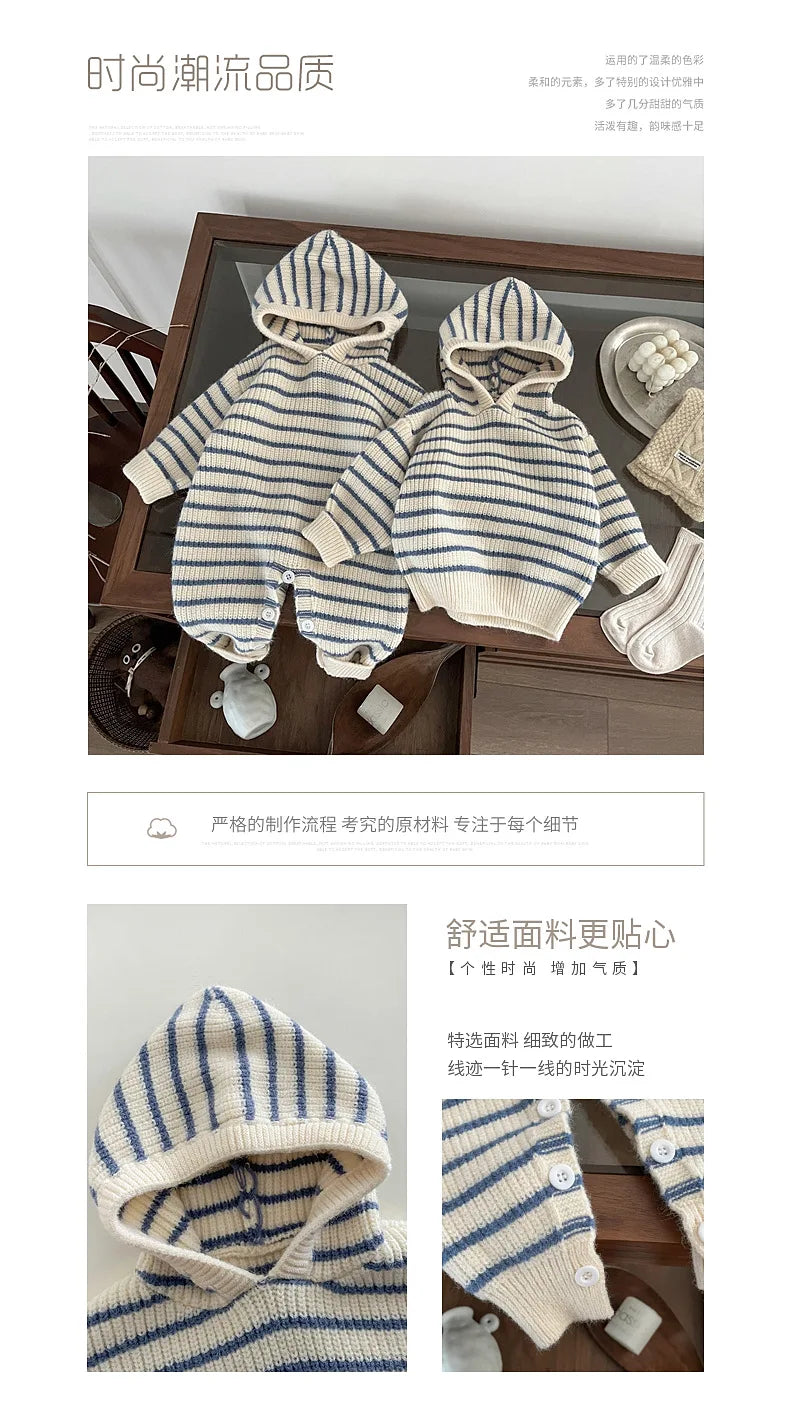 Ins Baby Clothing Korean Style Fashion Casual Soft Comfortable Knitwear Top Winter New Boys Girls Baby Thick Striped Romper