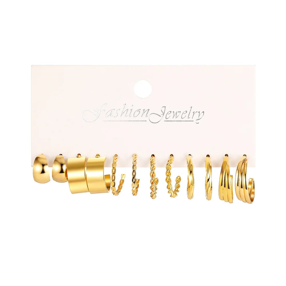 LATS Boho Big Circle Hoop Earring Set for Women Gold Color Bohemia Vintage Pearl Square Earring Heart Zircon Ear Studs Jewelry