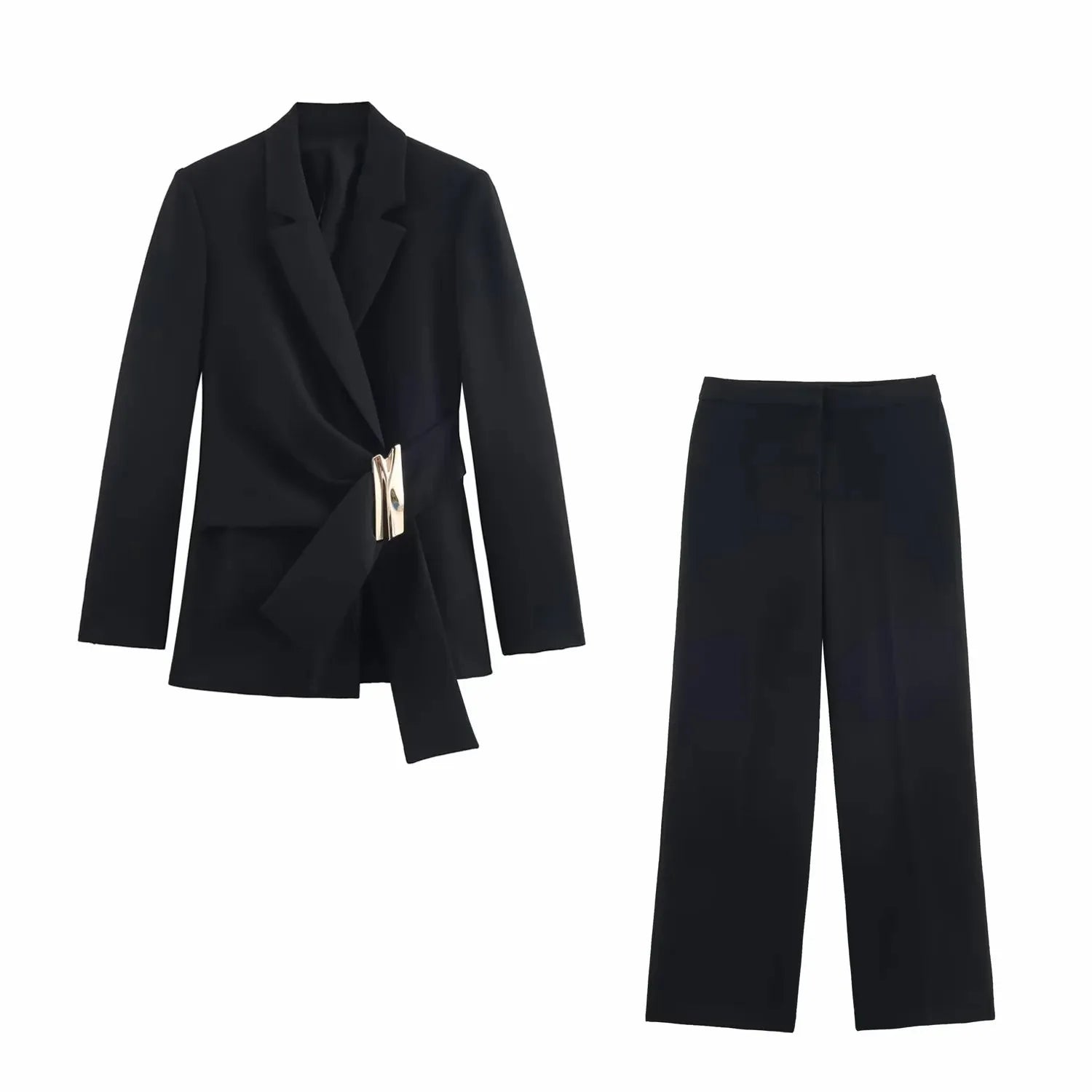 Women Suit Pants Two-Piece Set Buckle Decoration Long Sleeve Blazer Coat + Straight-Leg Pants 2 Pieces Sets Chic Woman Outfits