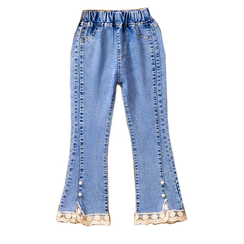 Girls' Jeans Spring and Autumn New Casual 3-12 Year Old Children's Loose Flare Pants Lace Pearl Girls' Denim Pants