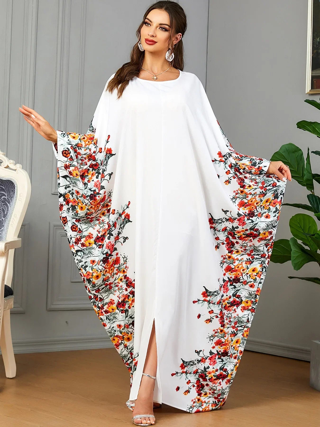 Eid Muslim Party Dress for Women Ramadan Abaya Bat Sleeve Print Long Robe Morocco Kaftan Vestidos Largos Dubai Jalabiya 2025