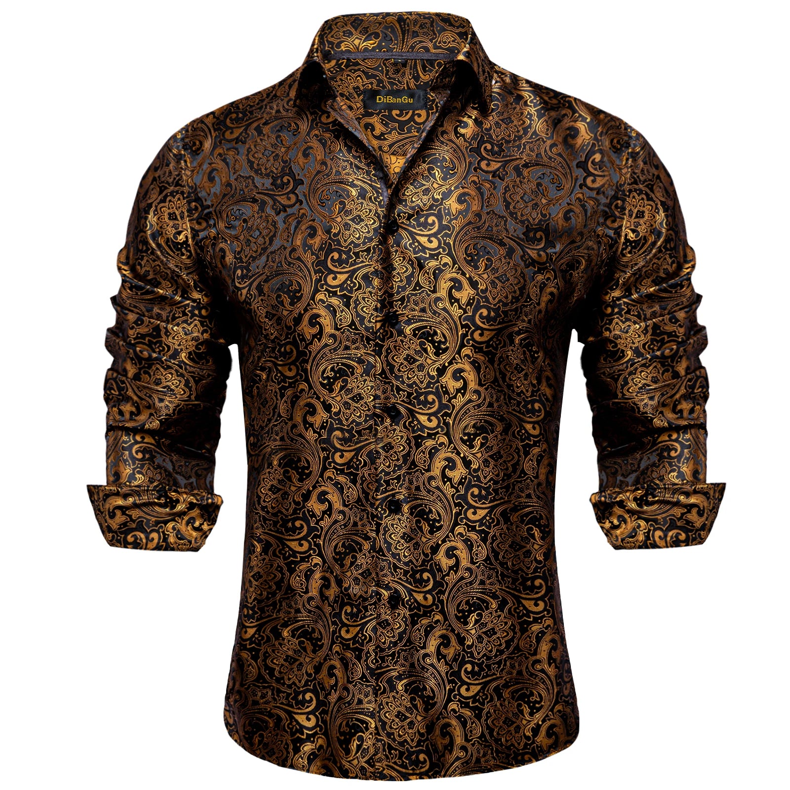 Luxury Men Dress Shirt Formal Prom Tuxedo Long Sleeve Polyester Golden Color Paisley Black Shirts Blouse Men Clothing