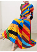 Fashionable two-piece set for women: pleated rainbow print long-sleeved top and high-waisted versatile skirt.