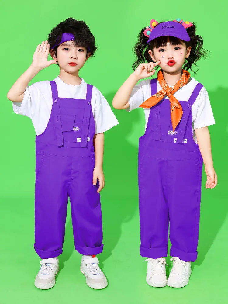 Boys Hip Hop Loose Colorful Overalls Girls Patchwork Dungaree Children Candy Color Jumpsuit Street Dance Romper Kids Streetwear