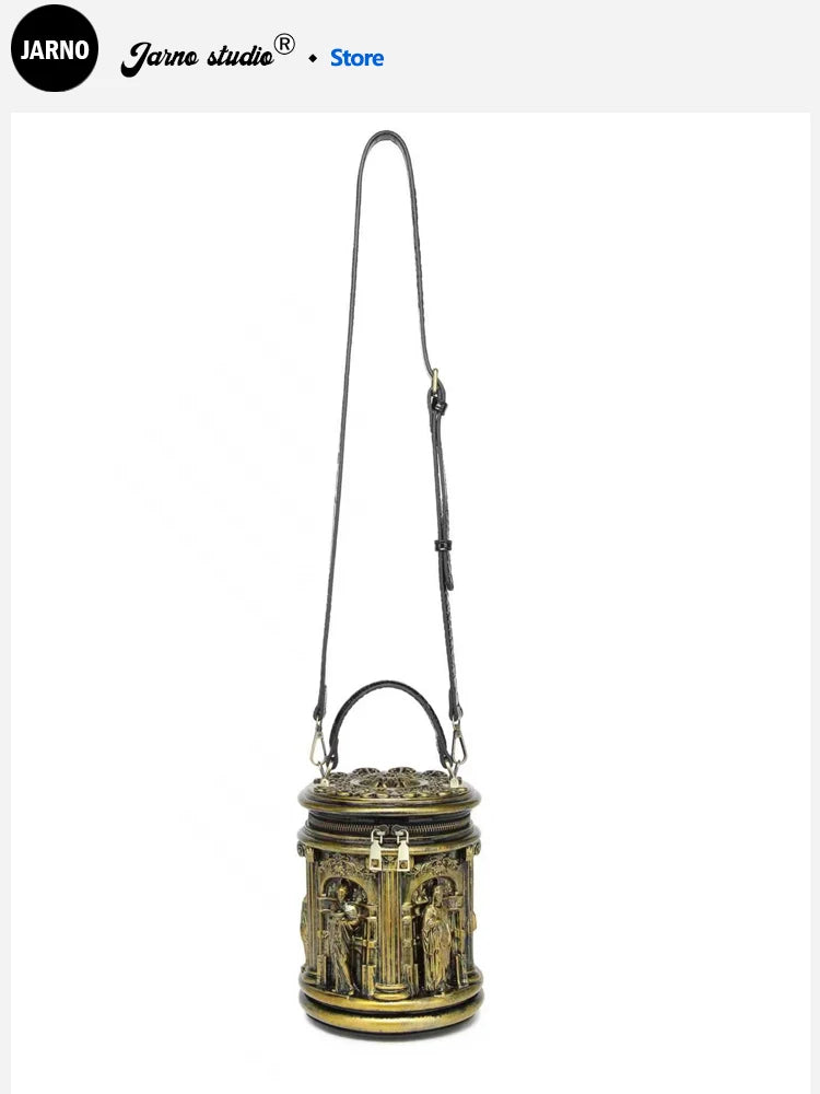 Retro Creative Unique Design Baroque Art round Cylinder Handbag Women's Fashion Crossbody Bag Handheld Bag Jarno Brand