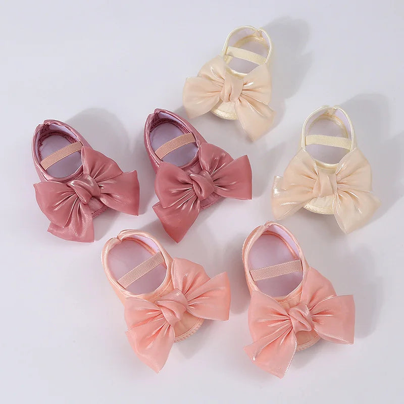 Baby Girls Baptism Shoes and Headband Shiny Bowknot Mary Jane Flats and Hairband Set 0-12M