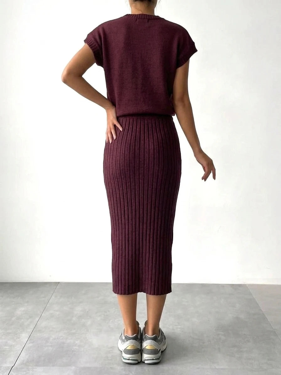 Women's 2 Piece Knit Outfit Set  2026 Spring Summer Short Sleeve Top Ribbed Midi Skirt Elegant Casual Daily Matching Suit