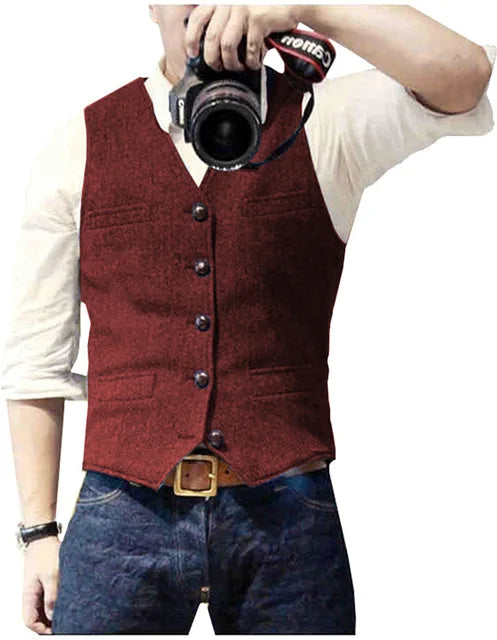 V Neck Men's Suits Vest Casual Classic Formal Business Herringbone Tweed Slim Fit Waistcoat For Wedding Groomsmen