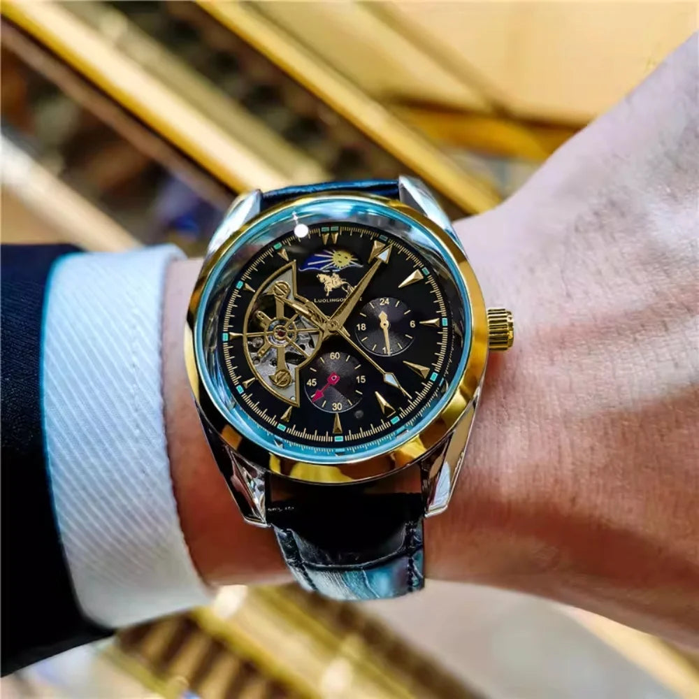Luxury Men's Automatic Mechanical Watch, Mechanical Movement, Limited Edition, Roman Numeral Dial, Leather Strap, Skeleton Design, Waterproof, Luminous Calendar, Business Casual Style, Men's Watch, High-End Gentleman's Formal