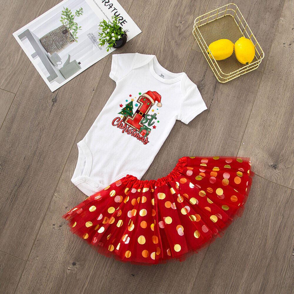 My 1st Christmas Print Baby Girls Cake Smash Dresses Outfits Newborn Xmas Party Tutu + Bodysuit Dress Set Infant Baptism Clothes