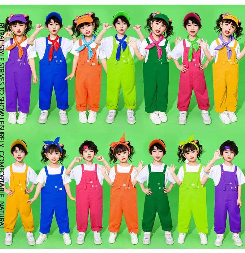 Boys Hip Hop Loose Colorful Overalls Girls Patchwork Dungaree Children Candy Color Jumpsuit Street Dance Romper Kids Streetwear