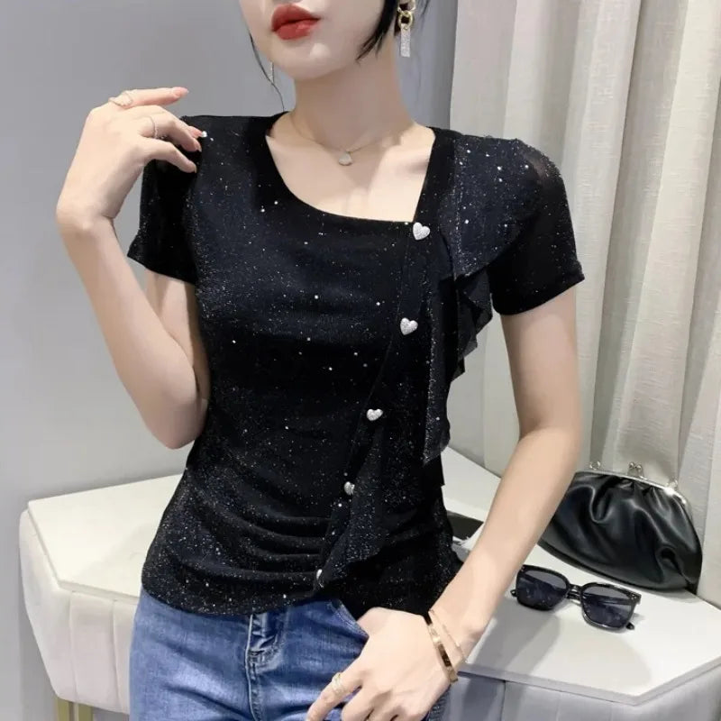 Summer Outfit Elegant Lrregular Slanted Collar Short Sleeve T Shirt For Women Ruffle Slim Clothes 2025 High Quality Tops Woman