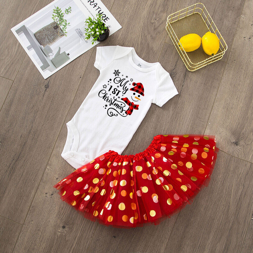 My 1st Christmas Print Baby Girls Cake Smash Dresses Outfits Newborn Xmas Party Tutu + Bodysuit Dress Set Infant Baptism Clothes