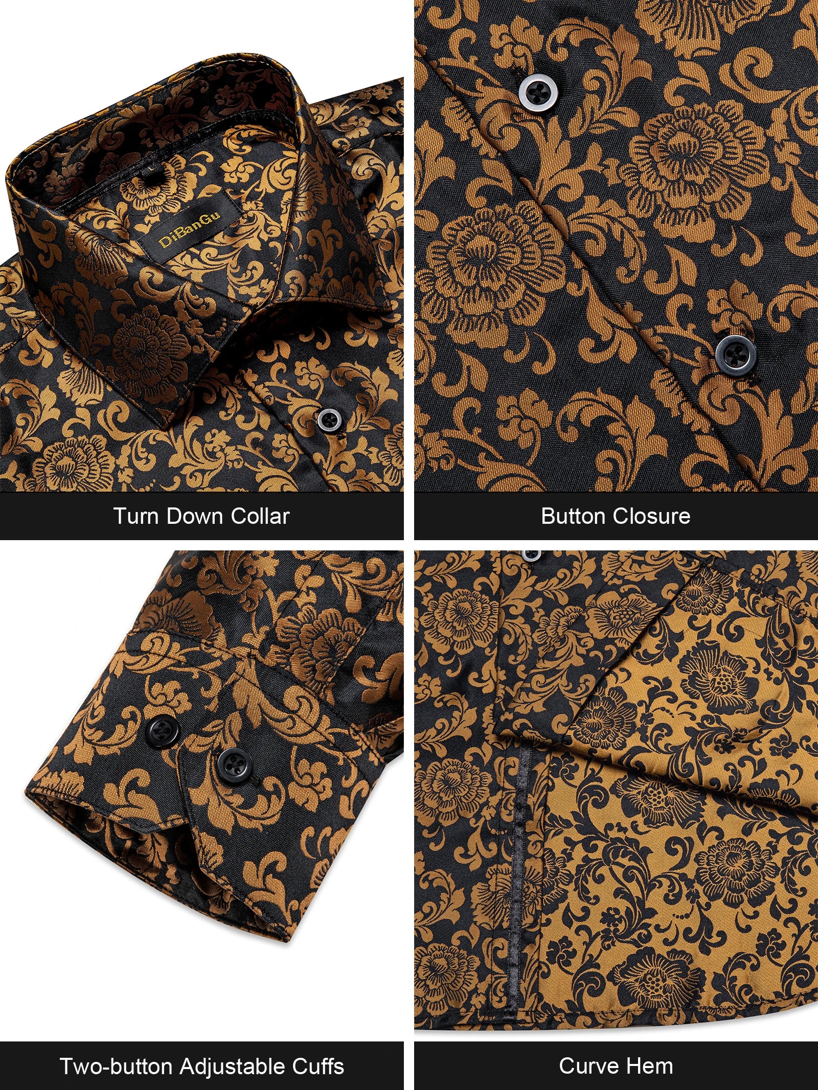 Luxury Men Dress Shirt Formal Prom Tuxedo Long Sleeve Polyester Golden Color Paisley Black Shirts Blouse Men Clothing