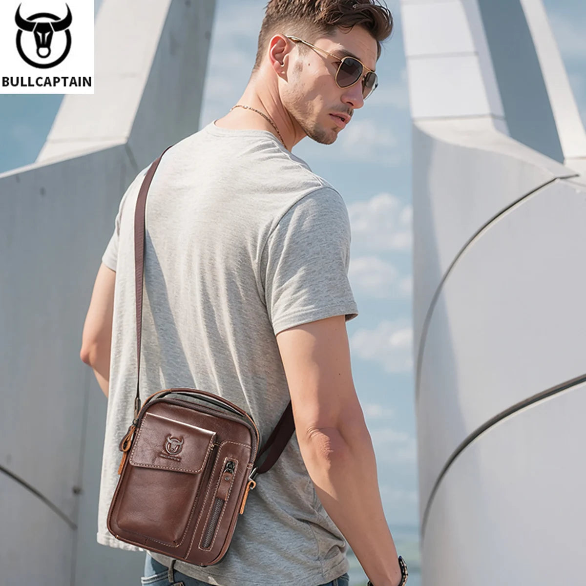 BULLCAPTAIN Casual Fashion Men's Messenger Bag's Business Portable Handbag Man Leather Shoulder Bag Mobile 6.5'' Phone Bags