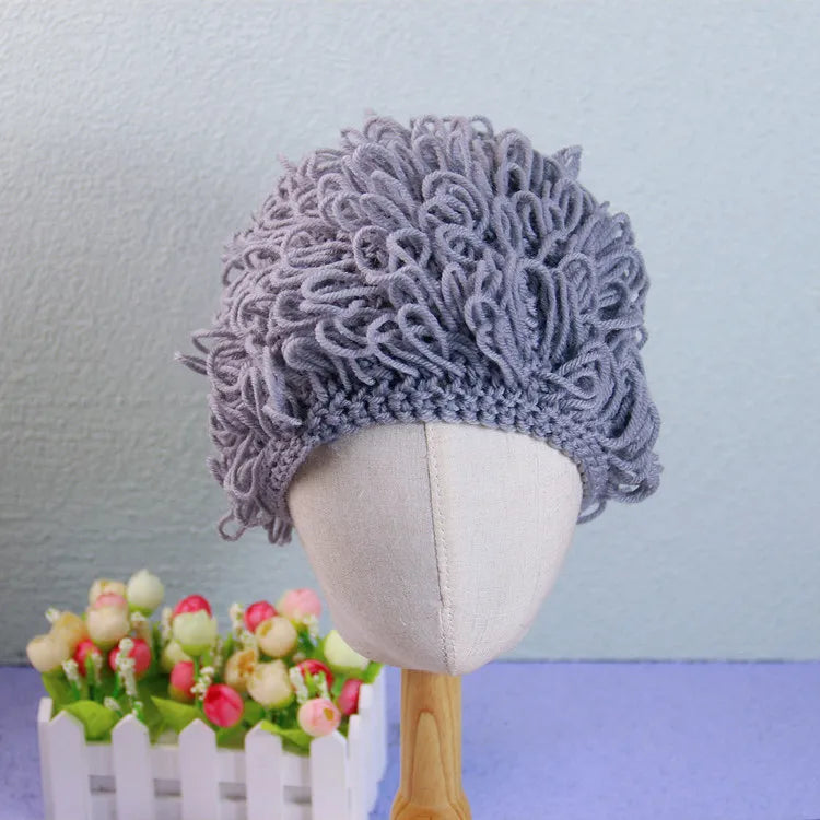 Kids Boy Girl Hat Cute Old Lady Woman Curly Hair Wig Cap Skullies Beanies Winter Knitted Children Baby Hats and Caps Accessories
