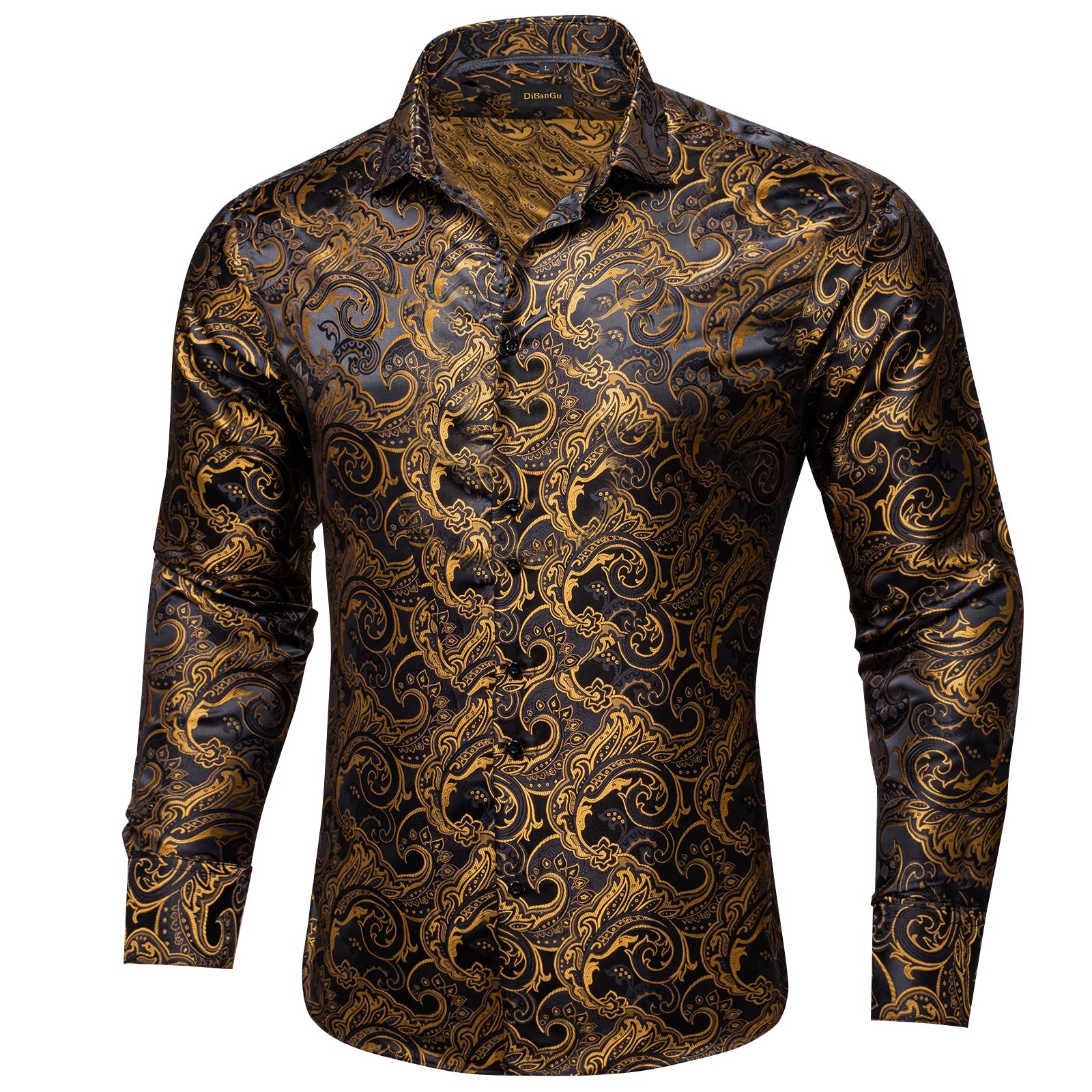Luxury Men Dress Shirt Formal Prom Tuxedo Long Sleeve Polyester Golden Color Paisley Black Shirts Blouse Men Clothing